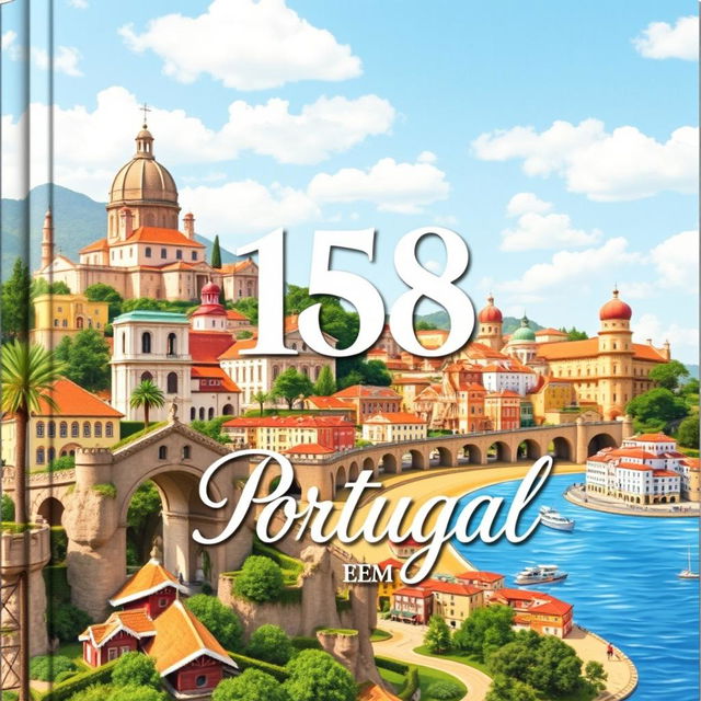 Uma capa de livro impressionante apresentando uma colagem bonita e realista de 158 cidades icônicas de Portugal