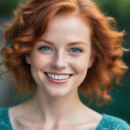 A stunning redhead woman with vivid hair, expressive emerald green eyes, and a sparkling smile.