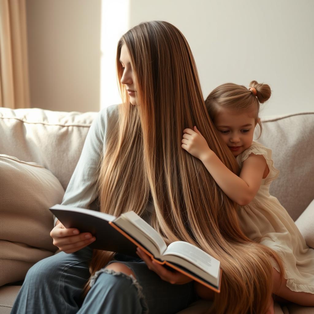 A serene indoor scene featuring a mother sitting on a cozy sofa, gently holding a book in her lap