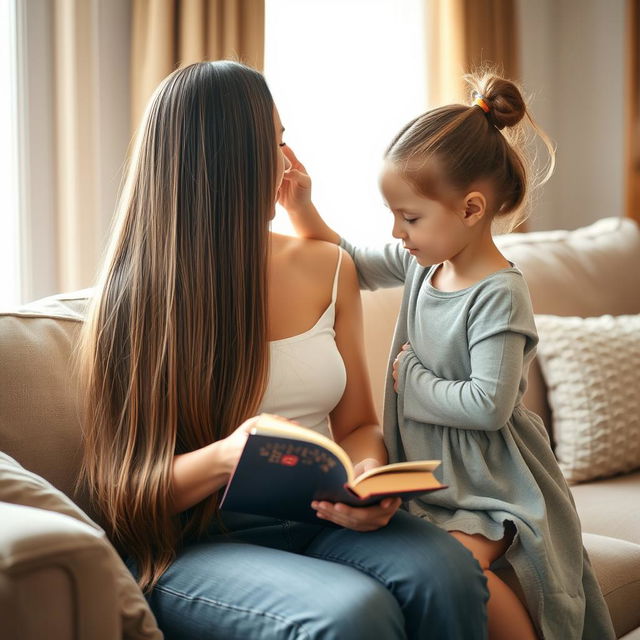 A serene indoor scene featuring a mother sitting on a cozy sofa, gently holding a book in her lap