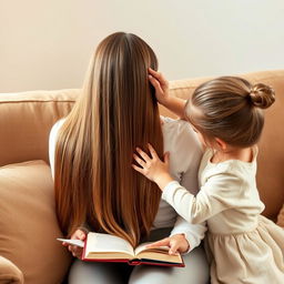 A serene indoor scene featuring a mother sitting on a cozy sofa, gently holding a book in her lap