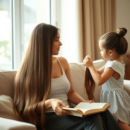 A serene indoor scene featuring a mother sitting on a cozy sofa, gently holding a book in her lap