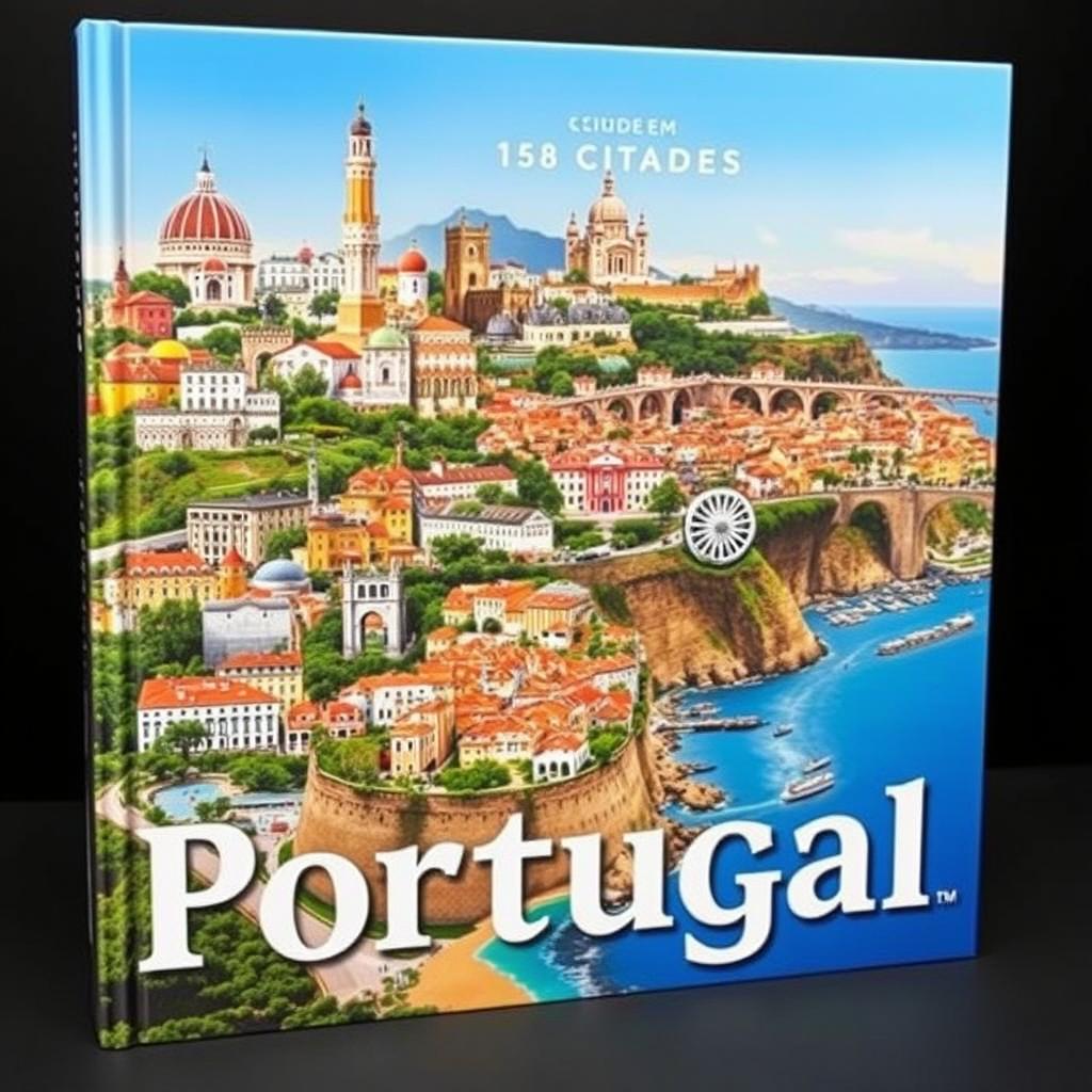 Uma grande capa de livro deslumbrante apresentando uma colagem realista de 158 cidades de Portugal