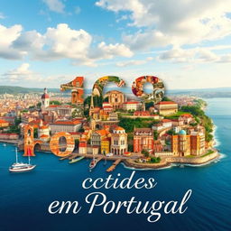 Uma grande capa de livro deslumbrante apresentando uma colagem realista de 158 cidades de Portugal