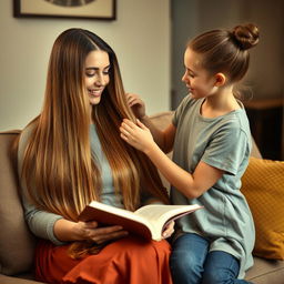 A cozy indoor scene with a mother sitting on a comfortable sofa, holding a book in her lap