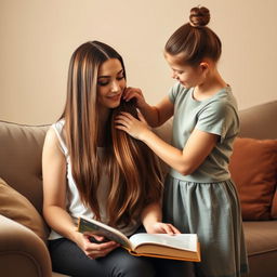 A cozy indoor scene with a mother sitting on a comfortable sofa, holding a book in her lap