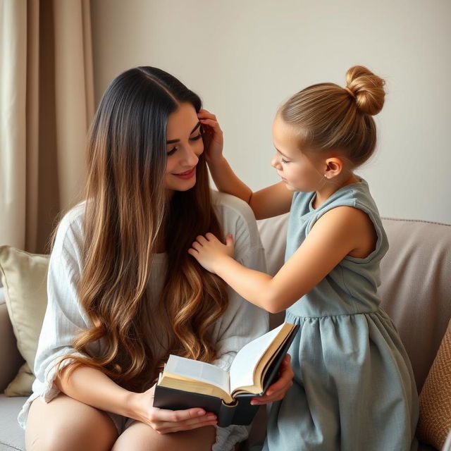 A cozy indoor scene with a mother sitting on a comfortable sofa, holding a book in her lap