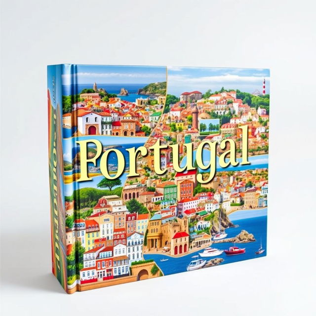 A large and visually stunning book cover featuring a collage of 158 picturesque cities in Portugal