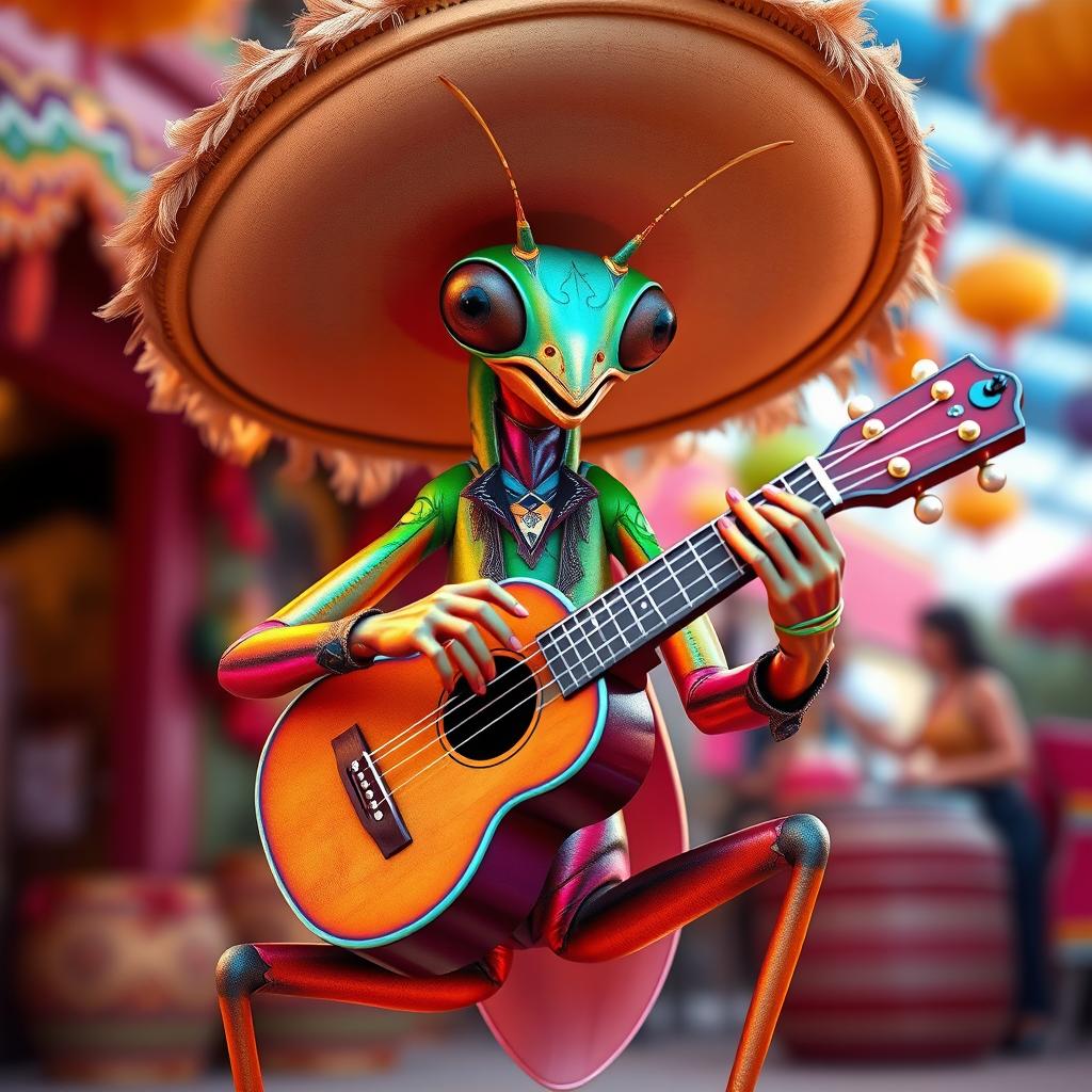 A realistic and beautiful male insect humanoid character, with a mantis-like face and human legs, elegantly dressed as a mariachi with a large sombrero