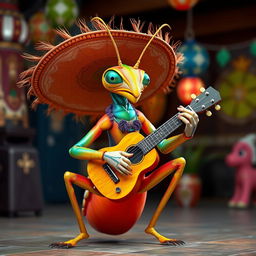 A realistic and beautiful male insect humanoid character, with a mantis-like face and human legs, elegantly dressed as a mariachi with a large sombrero