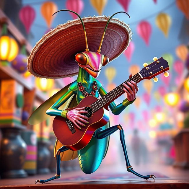 A realistic and beautiful male insect humanoid character, with a mantis-like face and human legs, elegantly dressed as a mariachi with a large sombrero