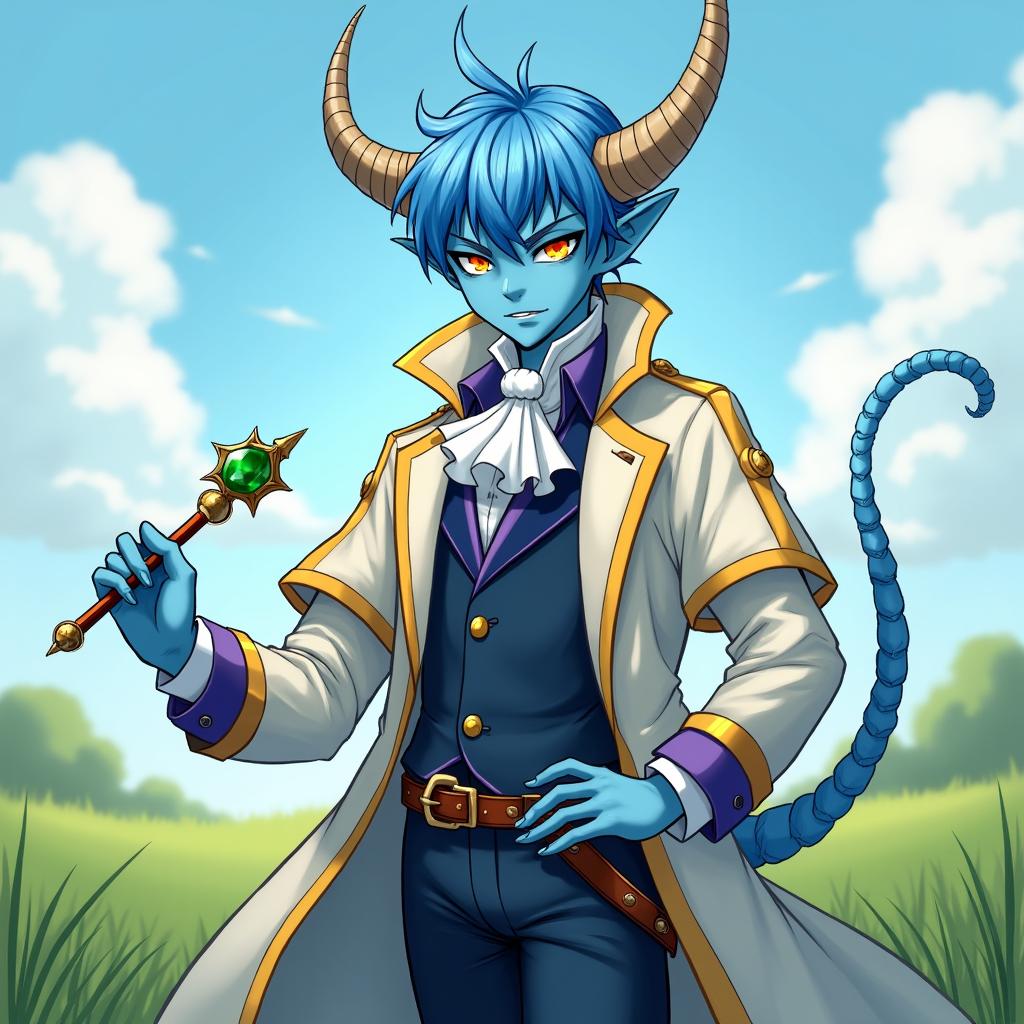 An anime-style illustration inspired by Grimgar of Fantasy and Ash, featuring a tiefling man characterized by his ice blue skin and bright ice blue hair