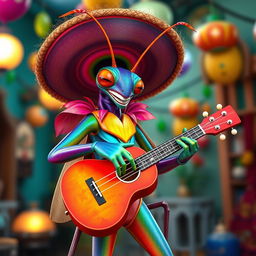 A realistic and beautiful male insect humanoid character, with a mantis-like face and human legs, elegantly dressed as a mariachi with a large sombrero