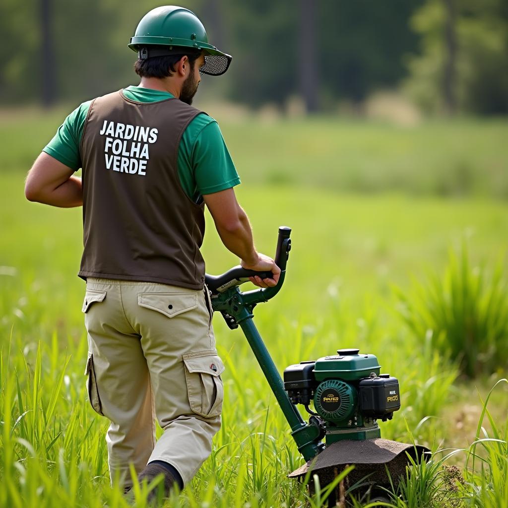 A man wearing a green t-shirt and a brown vest with 'Jardins Folha Verde' printed in white letters on the back