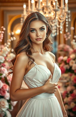 A stunningly beautiful woman with flawless skin and striking features, wearing an elegant evening gown that flows gracefully around her