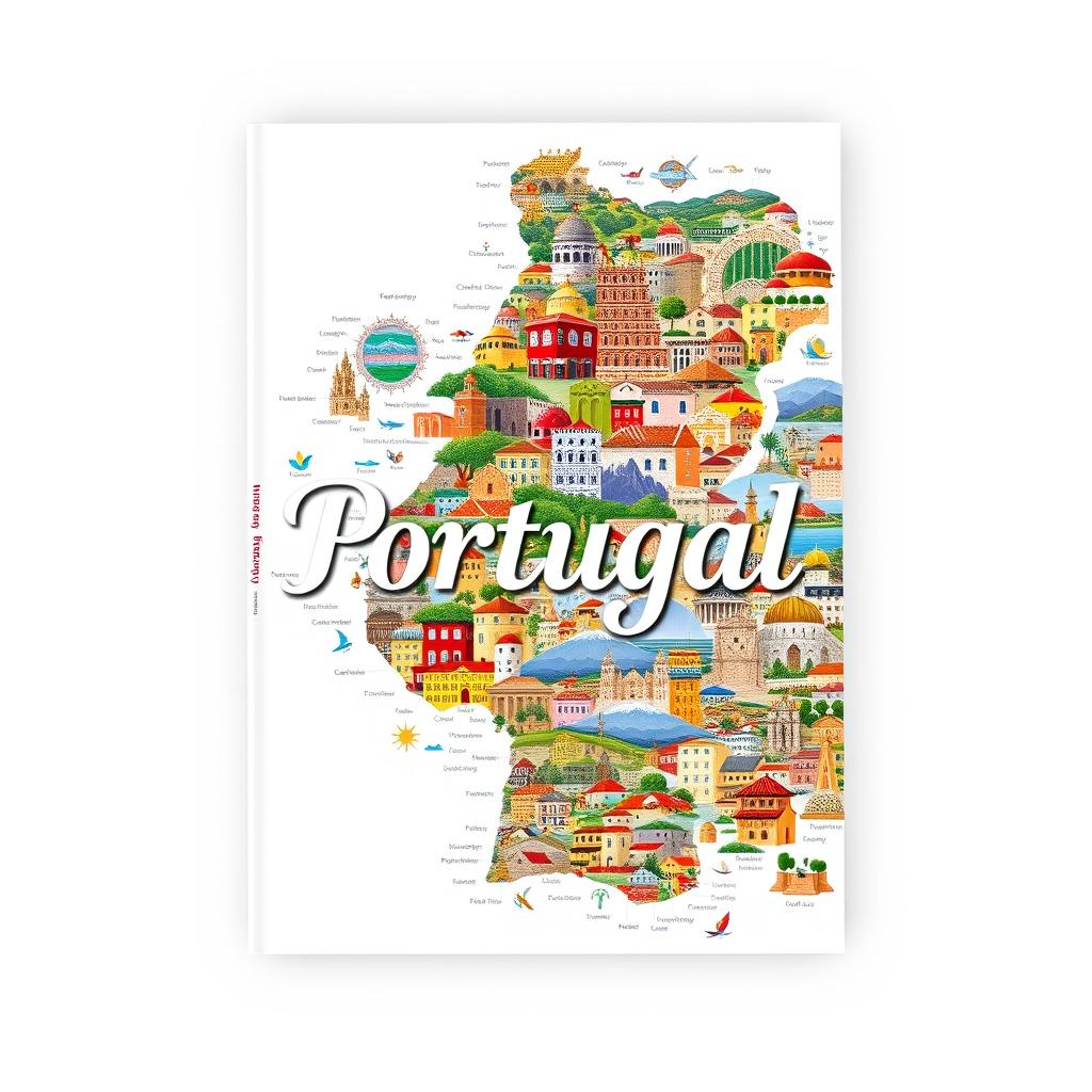 A large book cover design featuring an artistic collage of 158 cities in Portugal, showcasing the vibrant culture, architecture, and landscapes of each city