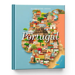 A large book cover design featuring an artistic collage of 158 cities in Portugal, showcasing the vibrant culture, architecture, and landscapes of each city