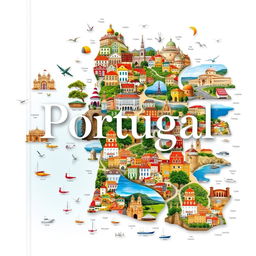 A large book cover design featuring an artistic collage of 158 cities in Portugal, showcasing the vibrant culture, architecture, and landscapes of each city