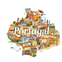 A large book cover design featuring an artistic collage of 158 cities in Portugal, showcasing the vibrant culture, architecture, and landscapes of each city