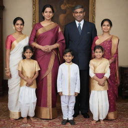 A traditional Sri Lankan family dressed in royal attire: A queen in a dhothi, a king also wearing a dhoti, one son and three daughters, all striking a pose for a regal family photograph.