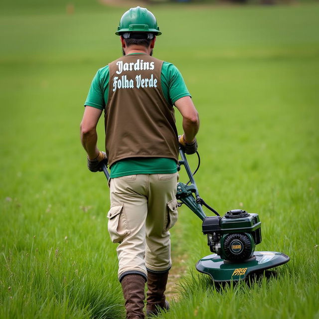 A man wearing a green t-shirt and a brown vest with 'Jardins Folha Verde' printed in white letters on the back