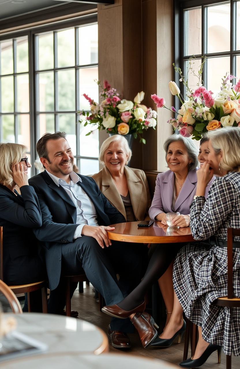 A sophisticated man in his 30s, dressed in smart casual attire, sitting in a cozy café surrounded by older, elegantly dressed women, enjoying their company