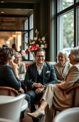 A sophisticated man in his 30s, dressed in smart casual attire, sitting in a cozy café surrounded by older, elegantly dressed women, enjoying their company