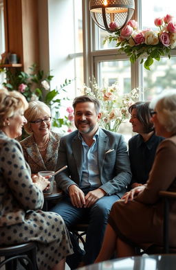 A sophisticated man in his 30s, dressed in smart casual attire, sitting in a cozy café surrounded by older, elegantly dressed women, enjoying their company