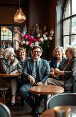 A sophisticated man in his 30s, dressed in smart casual attire, sitting in a cozy café surrounded by older, elegantly dressed women, enjoying their company