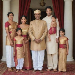 A traditional Sri Lankan family dressed in royal attire: A queen in a dhothi, a king also wearing a dhoti, one son and three daughters, all striking a pose for a regal family photograph.