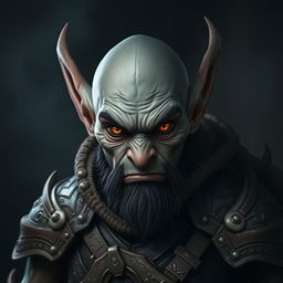 A hobgoblin character portrayed with dark grey skin and a bald head