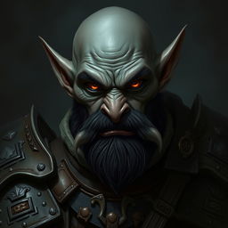 A hobgoblin character portrayed with dark grey skin and a bald head