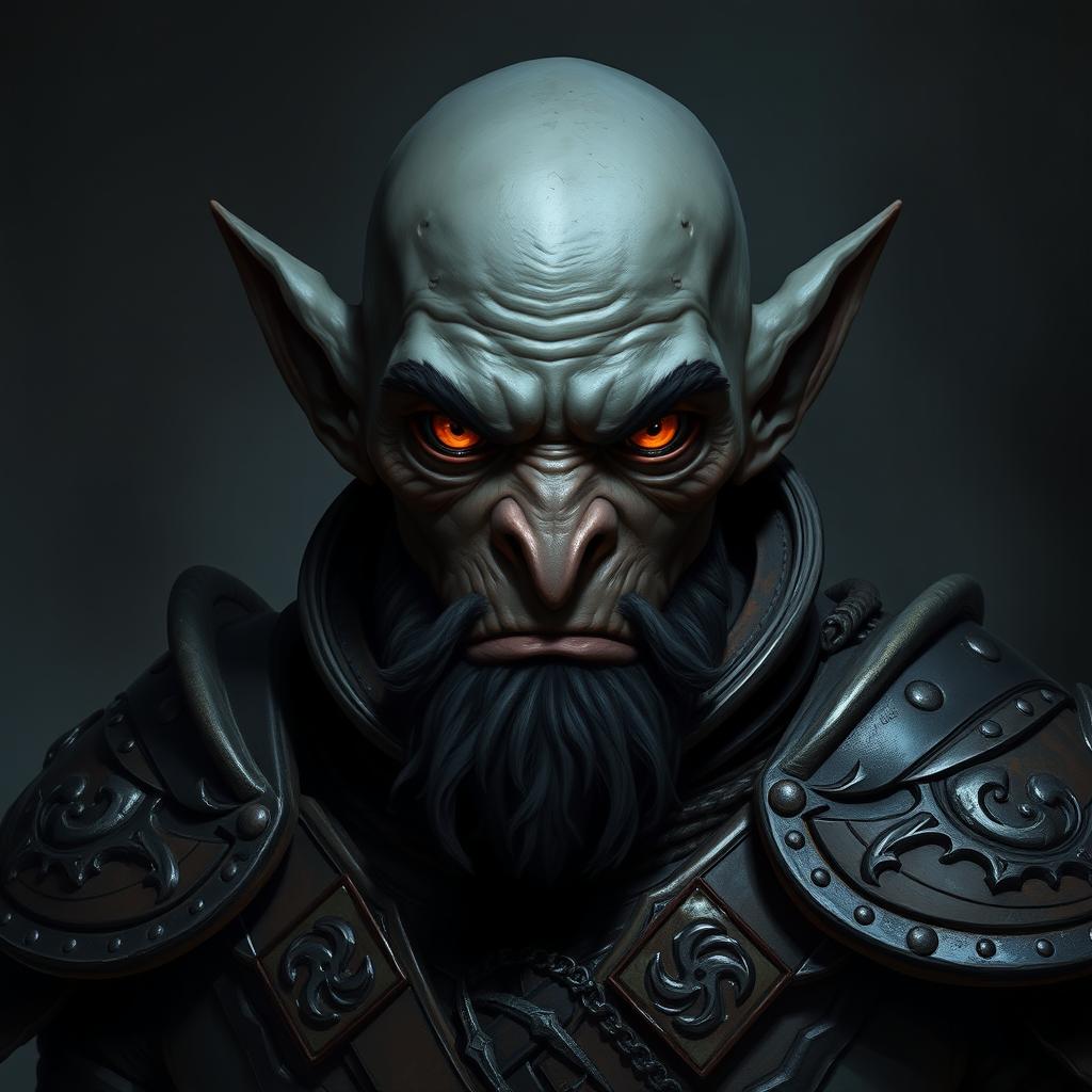 A hobgoblin character portrayed with dark grey skin and a bald head