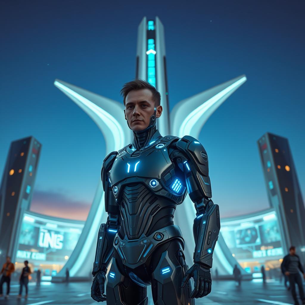 A futuristic cyborg named George Droyd, standing confidently in front of a sleek and modern propylon structure associated with a cutting-edge Microsoft project