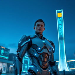 A futuristic cyborg named George Droyd, standing confidently in front of a sleek and modern propylon structure associated with a cutting-edge Microsoft project