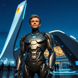 A futuristic cyborg named George Droyd, standing confidently in front of a sleek and modern propylon structure associated with a cutting-edge Microsoft project