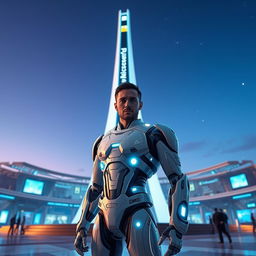 A futuristic cyborg named George Droyd, standing confidently in front of a sleek and modern propylon structure associated with a cutting-edge Microsoft project