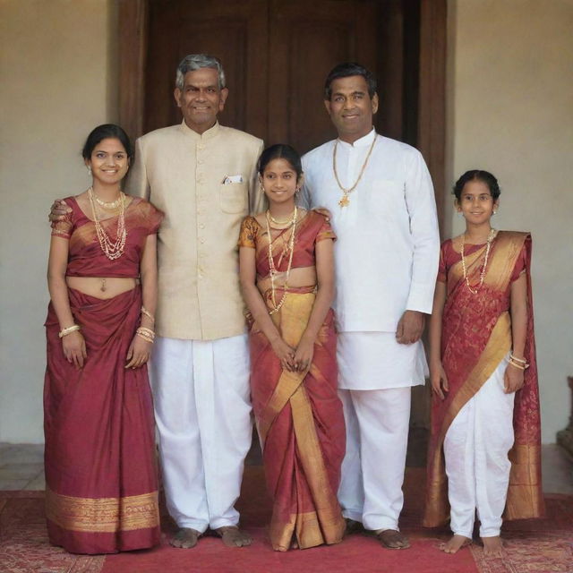 A traditional Sri Lankan family dressed in royal attire: A queen in a dhothi, a king also wearing a dhoti, one son and three daughters, all striking a pose for a regal family photograph.