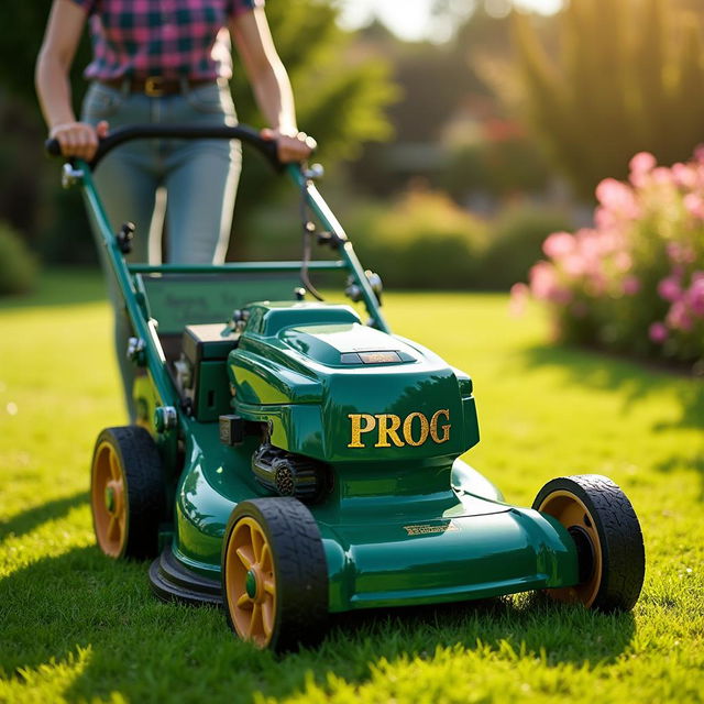 A woman mowing the lawn with a green lawn mower featuring the word 'PROG' elegantly inscribed in golden letters