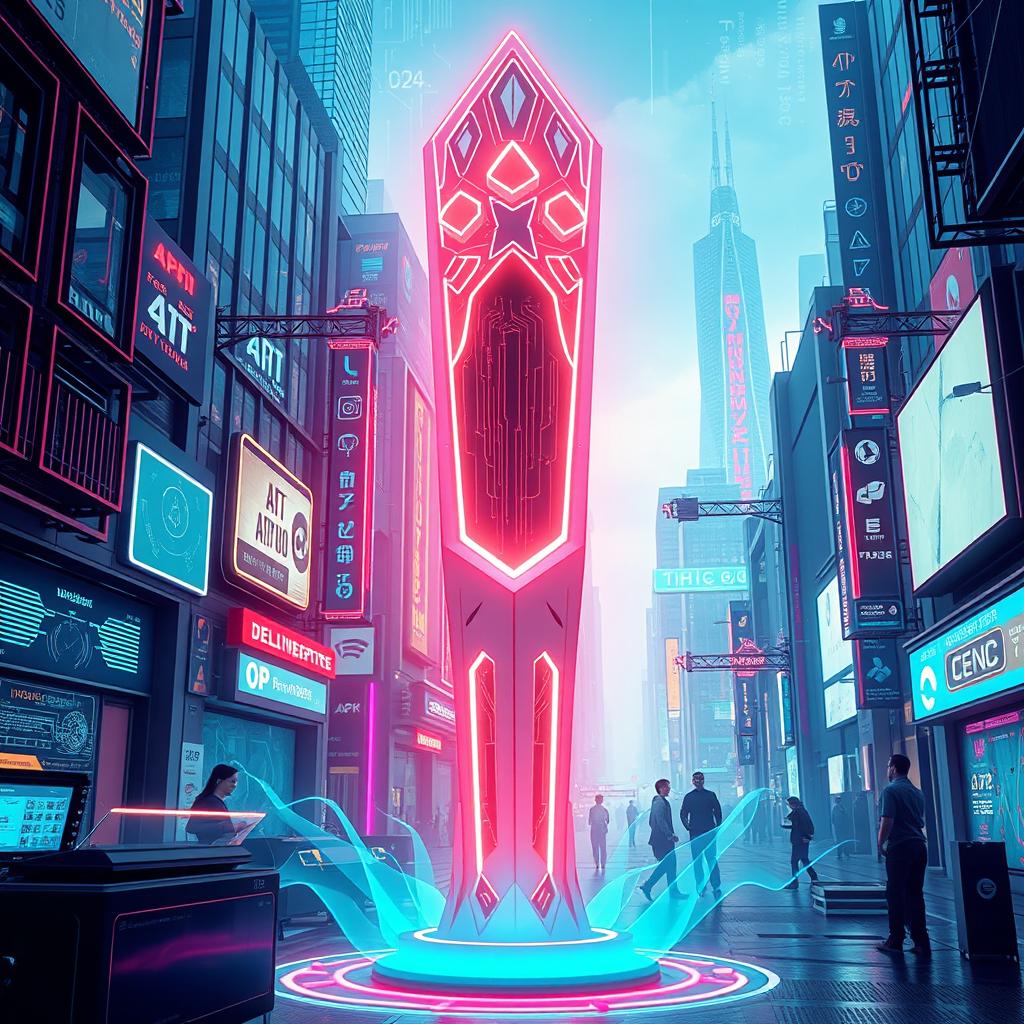 A stylized and futuristic representation of a sleek, advanced technology propylon designed with intricate geometric shapes and vibrant neon colors