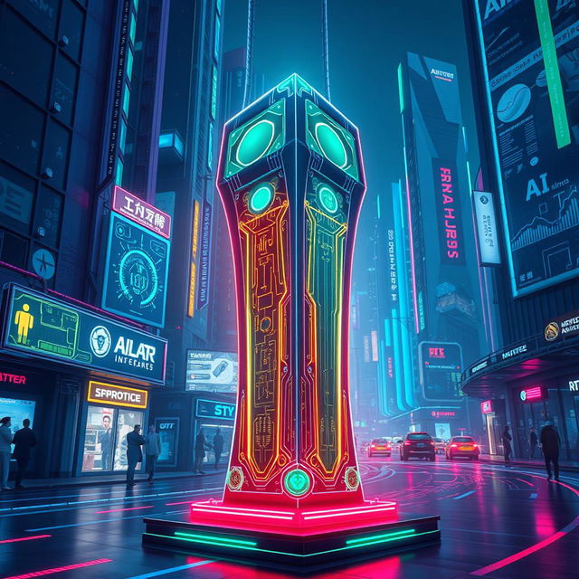 A stylized and futuristic representation of a sleek, advanced technology propylon designed with intricate geometric shapes and vibrant neon colors