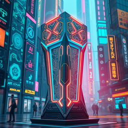 A stylized and futuristic representation of a sleek, advanced technology propylon designed with intricate geometric shapes and vibrant neon colors