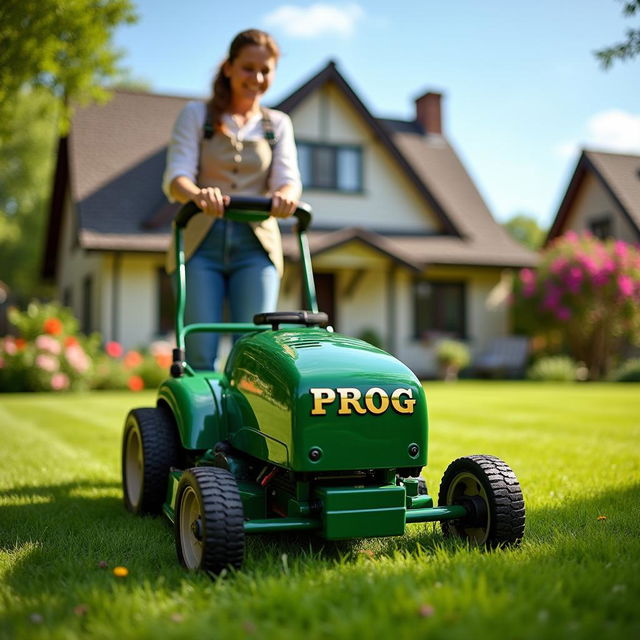 A woman mowing the lawn in front of a charming house using a green lawn mower that prominently displays the word 'PROG' in golden letters