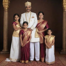 A traditional Sri Lankan family dressed in royal attire: A queen in a dhothi, a king also wearing a dhoti, one son and three daughters, all striking a pose for a regal family photograph.