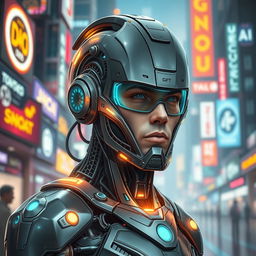 A striking and imaginative depiction of a cyborg version of a character named George Droyd, inspired by the concept of combining humanity with advanced technology