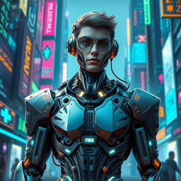 A striking and imaginative depiction of a cyborg version of a character named George Droyd, inspired by the concept of combining humanity with advanced technology