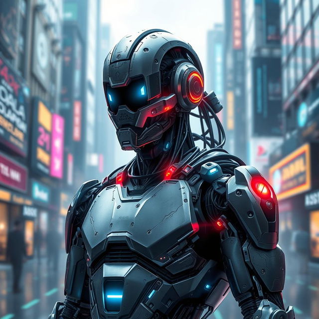 A striking and imaginative depiction of a cyborg version of a character named George Droyd, inspired by the concept of combining humanity with advanced technology