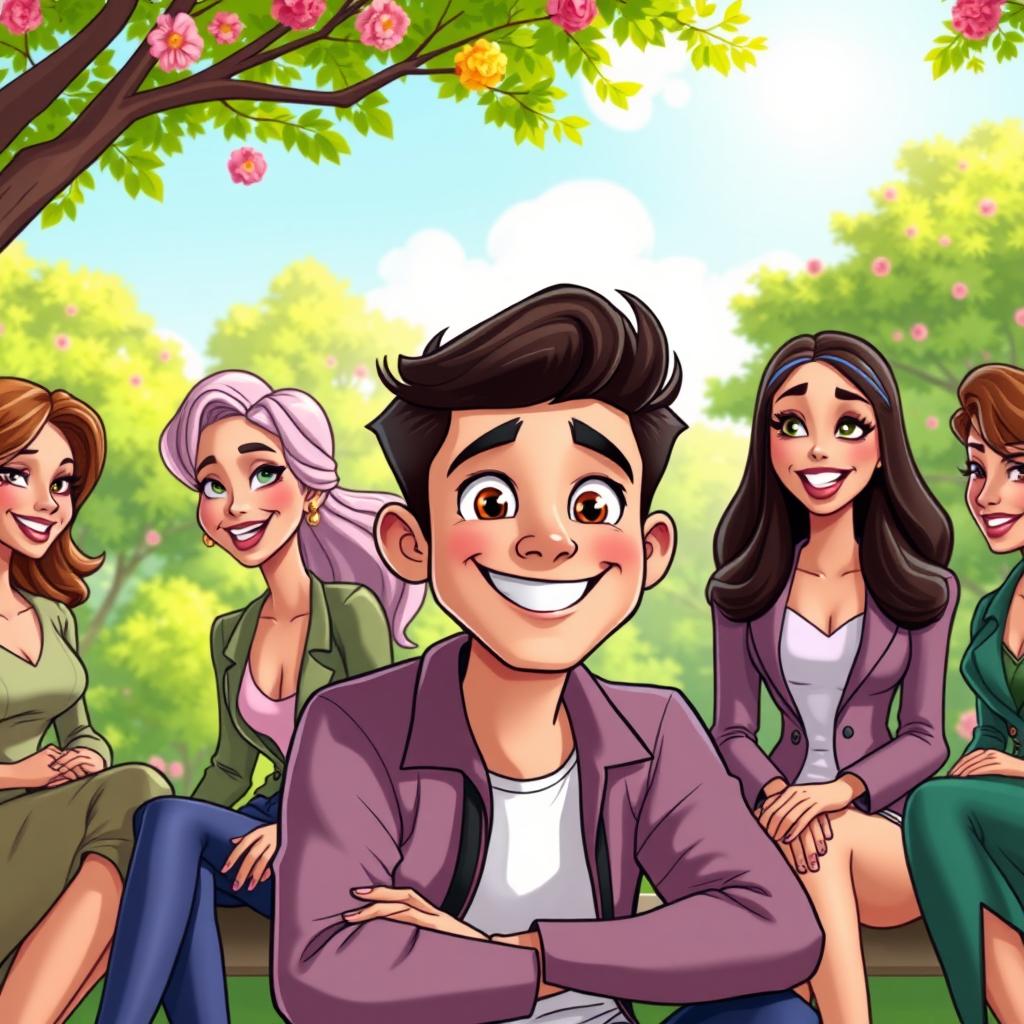 A colorful and playful cartoon scene featuring a young man in his late 20s, showing his affection for women who are slightly older than him, around 30