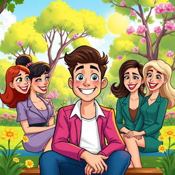 A colorful and playful cartoon scene featuring a young man in his late 20s, showing his affection for women who are slightly older than him, around 30