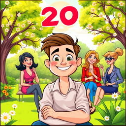 A colorful and playful cartoon scene featuring a young man in his late 20s, showing his affection for women who are slightly older than him, around 30